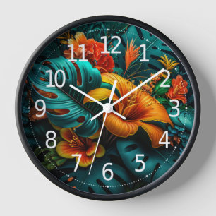 Farbige elegante tropische Blätter und Blumen   Uhr