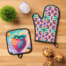 Farbige Erdbeere Ofenhandschuh & Topflappen-Set
