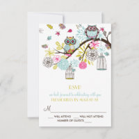 Farbige Eulen und fallende Blätter RSVP-Karte