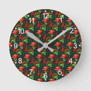 Farbige exotische Blumen Blätter Muster Runde Wanduhr