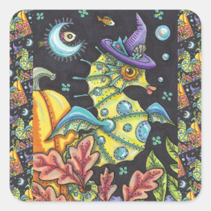 FARBIGE FANTASIE SEEPFERD, HEXE IM HALLOWEEN-MEER QUADRATISCHER AUFKLEBER