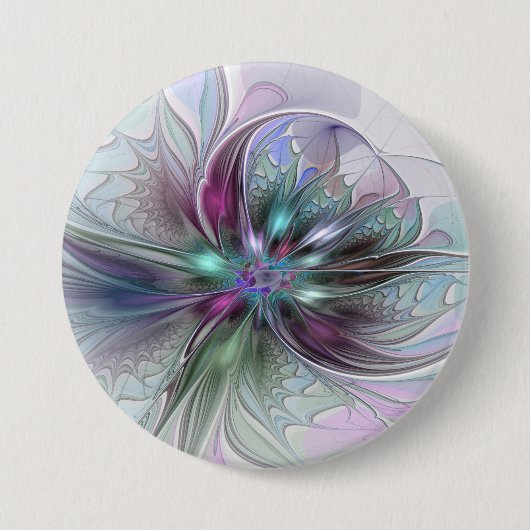 Farbige Fantasy-Abstrakte Moderne Fraktal-Blume Button (Vorderseite)
