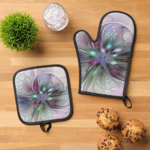 Farbige Fantasy-Abstrakte Moderne Fraktal-Blume Ofenhandschuh & Topflappen-Set