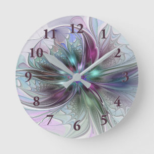 Farbige Fantasy-Abstrakte Moderne Fraktal-Blume Runde Wanduhr