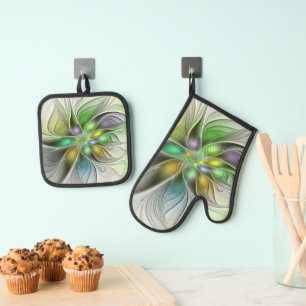 Farbige Fantasy-Blumen-Moderne-Abstrakte-Fraktal Ofenhandschuh & Topflappen-Set