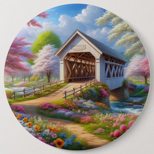 Farbige Feder/blumenüberdachte Brücke & Fluss Button (Vorderseite)