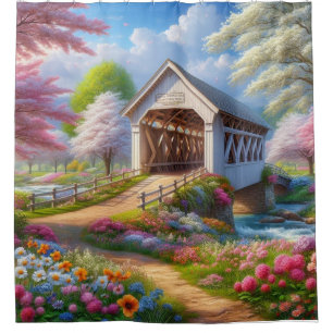 Farbige Feder/blumenüberdachte Brücke & Fluss Duschvorhang
