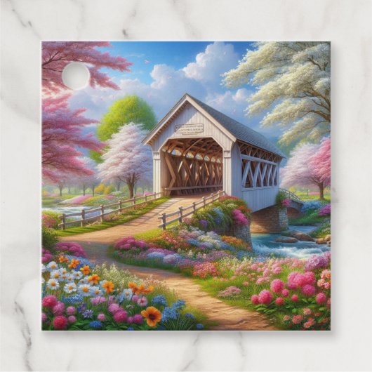 Farbige Feder/blumenüberdachte Brücke & Fluss Geschenkanhänger (Vorderseite)