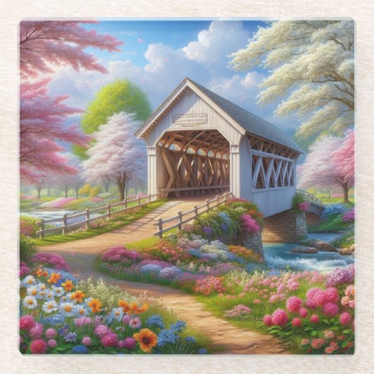 Farbige Feder/blumenüberdachte Brücke & Fluss Glasuntersetzer (Vorderseite)