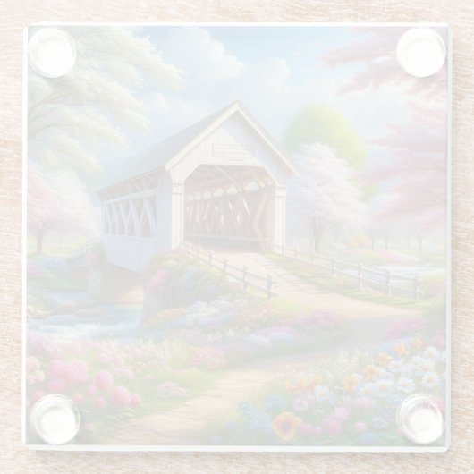 Farbige Feder/blumenüberdachte Brücke & Fluss Glasuntersetzer (Rückseite)