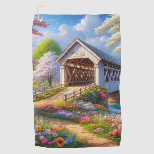 Farbige Feder/blumenüberdachte Brücke & Fluss Golfhandtuch (Vorderseite)