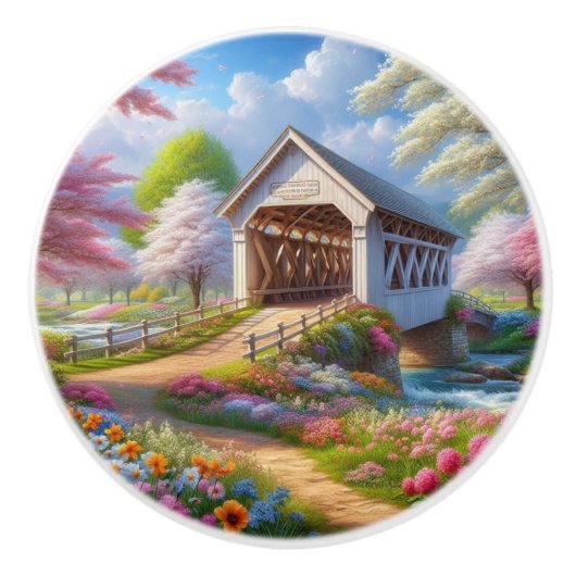 Farbige Feder/blumenüberdachte Brücke & Fluss Keramikknauf (Vorderseite)