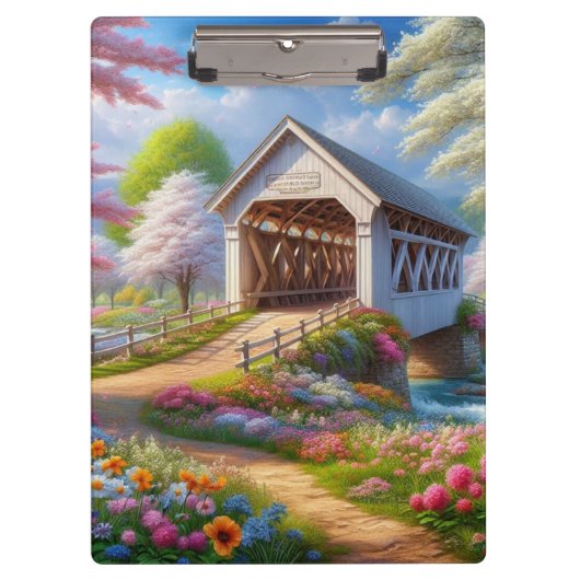 Farbige Feder/blumenüberdachte Brücke & Fluss Klemmbrett (Vorderseite)