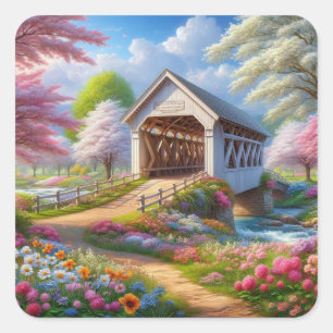 Farbige Feder/blumenüberdachte Brücke & Fluss Quadratischer Aufkleber