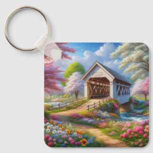 Farbige Feder/blumenüberdachte Brücke & Fluss Schlüsselanhänger