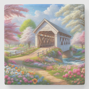 Farbige Feder/blumenüberdachte Brücke & Fluss Steinuntersetzer