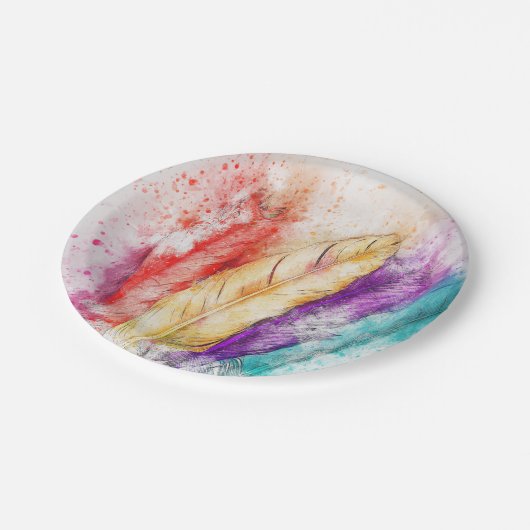 Farbige Federn Papierplatte Pappteller (Schrägansicht)