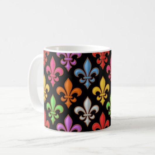 Farbige Fette Fleur-de-lis-Blumen Schwarz  Kaffeetasse (Vorderseite Links)
