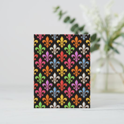 Farbige, fette Fleur-de-lis-Blumen Schwarz  Postkarte (Stehend Vorderseite)