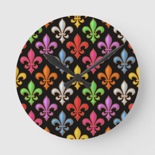 Farbige, fette Fleur-de-lis-Blumen Schwarz  Runde Wanduhr