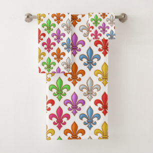 Farbige Fette Fleur-de-lis-Blumen Weiß Badhandtuch Set