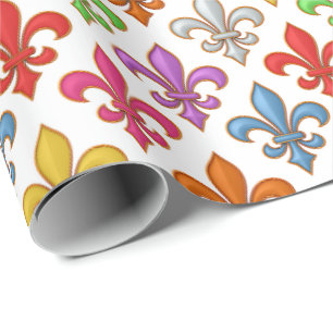 Farbige Fette Fleur-de-lis-Blumen Weiß Geschenkpapier
