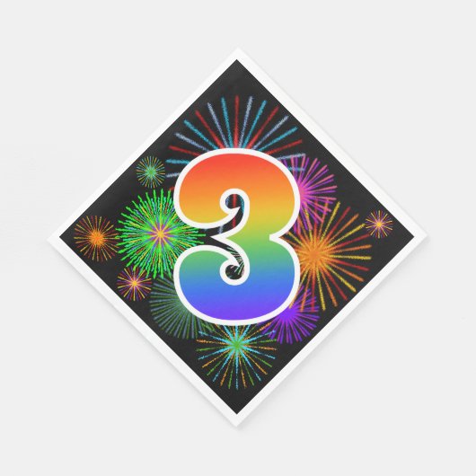 Farbige Feuerwerke + Regenbogenmuster "3" Ereignis Serviette (Ecke)