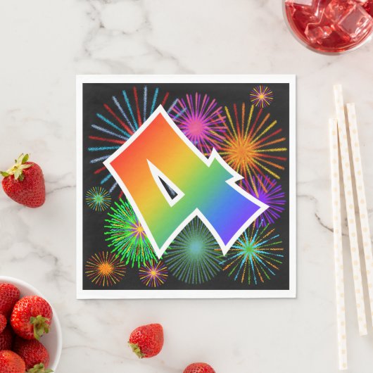 Farbige Feuerwerke + Regenbogenmuster "4" Ereignis Serviette (Beispiel)