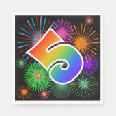 Farbige Feuerwerke + Regenbogenmuster "5" Ereignis Serviette (Vorderseite)