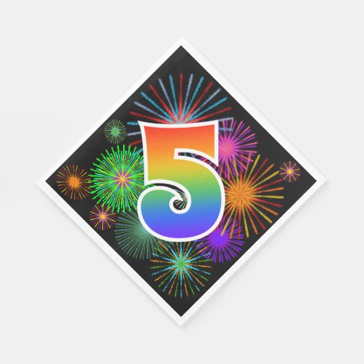 Farbige Feuerwerke + Regenbogenmuster "5" Ereignis Serviette (Ecke)