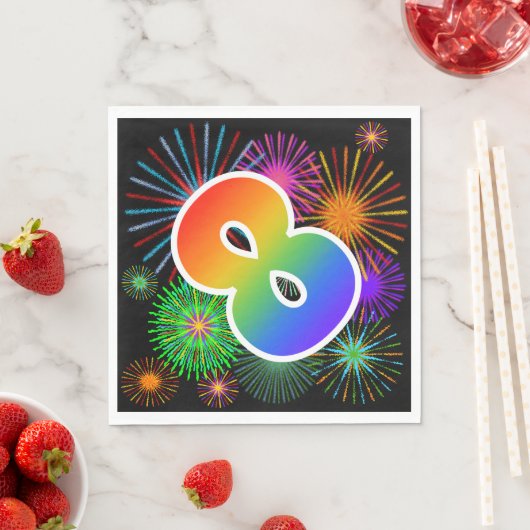 Farbige Feuerwerke + Regenbogenmuster "8" Ereignis Serviette (Beispiel)