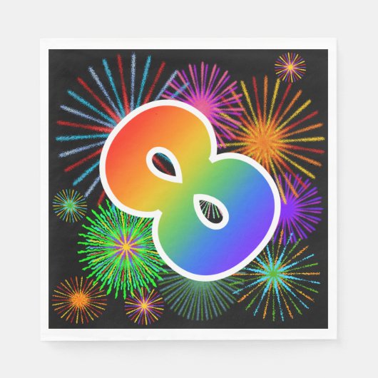 Farbige Feuerwerke + Regenbogenmuster "8" Ereignis Serviette (Vorderseite)