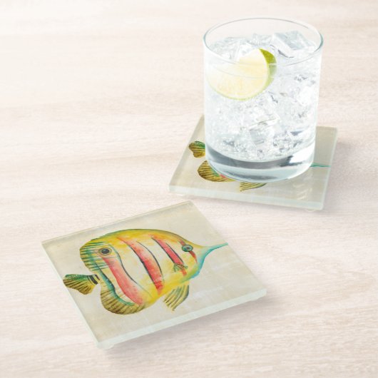 Farbige Fische Glasuntersetzer (Schrägansicht)