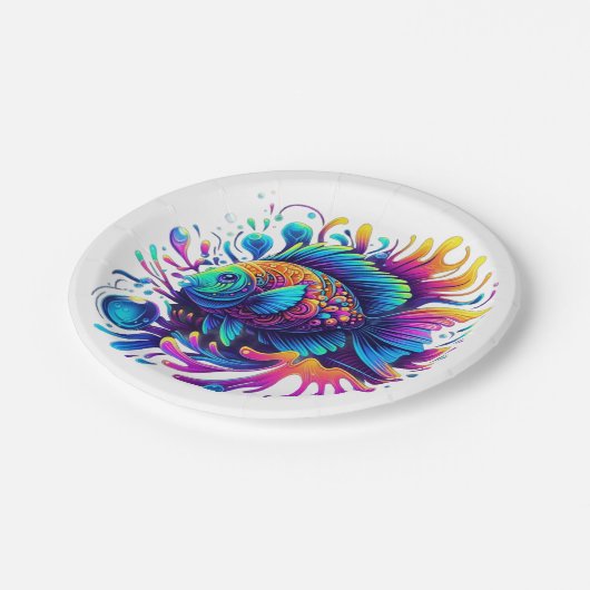 Farbige Fische Pappteller (Schrägansicht)