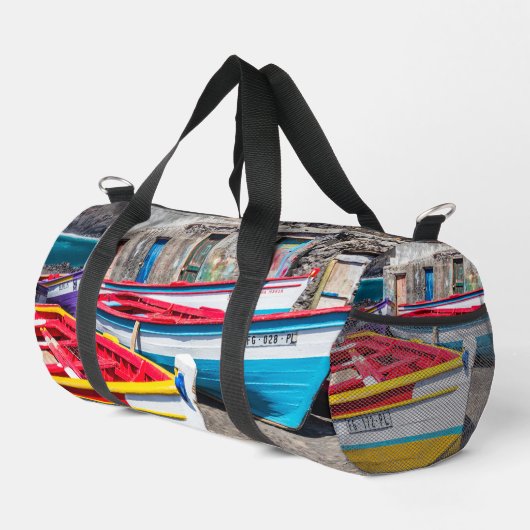 Farbige Fischerboote, Kap Verde Duffle Bag (Rechte Ecke)