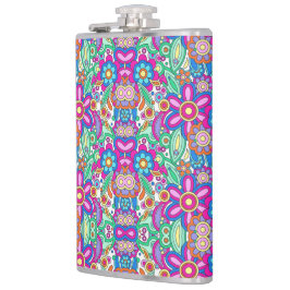 Farbige Flasche mit lebendigen, symmetrischen Blum Flachmann