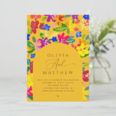 Farbige florale Hochzeit | Gelber Bogen + QR-Code Einladung (Stehend Vorderseite)
