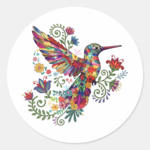 Farbige florale Kolibri-Wasserfarbenkunst Runder Aufkleber