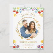Farbige florale Monogramm Foto Save the Date weiß (Vorderseite)