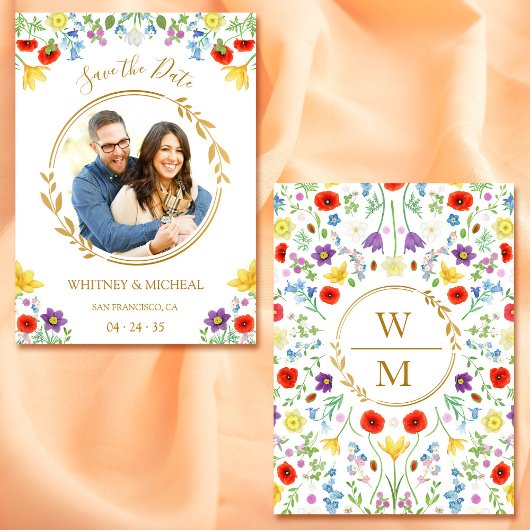 Farbige florale Monogramm Foto Save the Date weiß