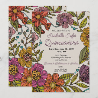 Farbige florale Quinceañera lebendige Volksblumen Einladung