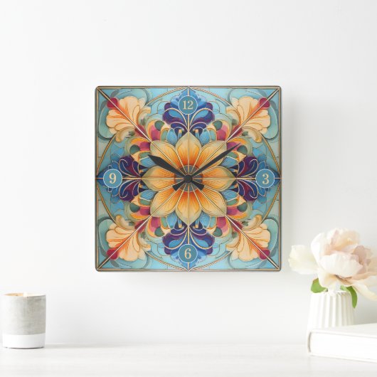 Farbige florale Tile Pat# Pulver Blue Gold ID1078 Quadratische Wanduhr (Zuhause)