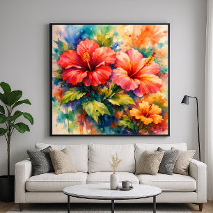 Farbige Florale Wasserfarben-Hibiskus-Kunst Poster