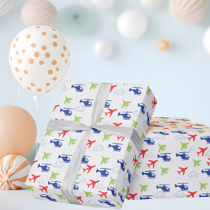 Farbige Flugzeug & Wolken, Süße Flieger-Geburtstag Geschenkpapier