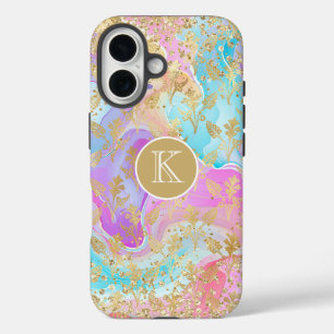 Farbige Flüssig-Marmor-Gold-Blumen-Monogramm iPhone 16 Hülle