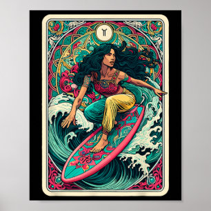 Farbige Frau-Wellen-Surfer-Tarotkarte Künstlerisch Poster