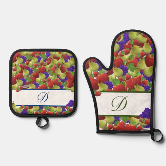 Farbige Fruchtmonogramm Polka-Dot Oven Mitt & Pot Ofenhandschuh & Topflappen-Set (Vorderseite)