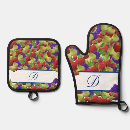 Farbige Fruchtmonogramm Polka-Dot Oven Mitt & Pot Ofenhandschuh & Topflappen-Set (Vorderseite)
