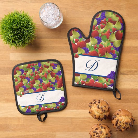 Farbige Fruchtmonogramm Polka-Dot Oven Mitt & Pot Ofenhandschuh & Topflappen-Set (Oben Unten)
