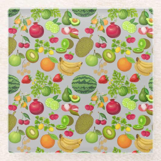 Farbige Fruchtmuster 01.b LGrey BG Glasuntersetzer (Vorderseite)